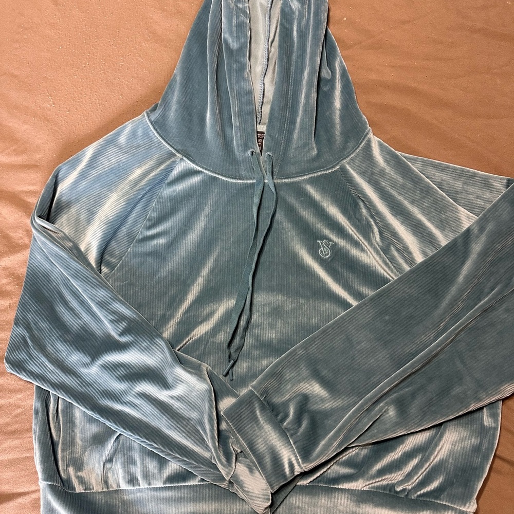Victoria's Secret Velvet on point cropped hoodie in Soft Blue
